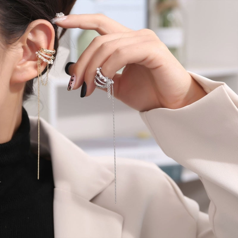 Elegant European No Ear Hole Chain Earrings - Image 0