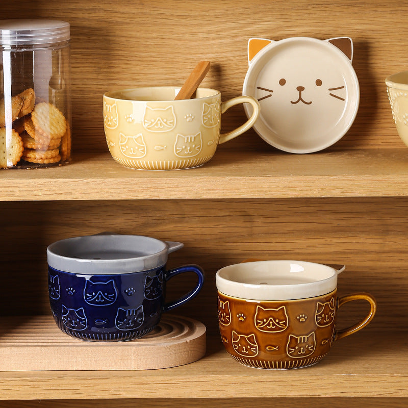 Japanese Ceramic Cat Breakfast Mug with Lid - Image 12