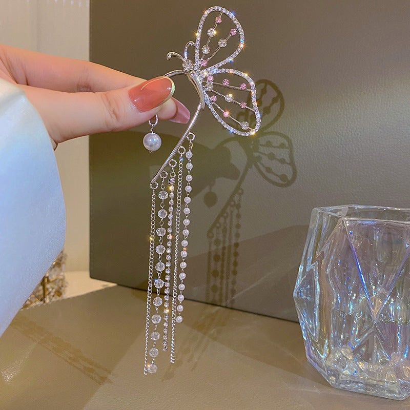 Crystal Butterfly Charm Long Tassels Earrings - Image 2