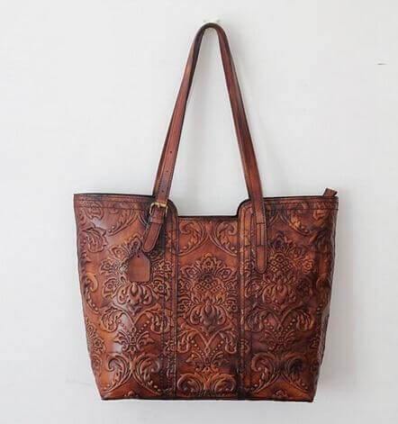 Handmade Vintage Genuine Leather Flower Pattern Women Bag - Image 2