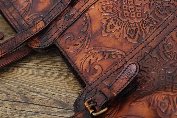 Handmade Vintage Genuine Leather Flower Pattern Women Bag - Image 5