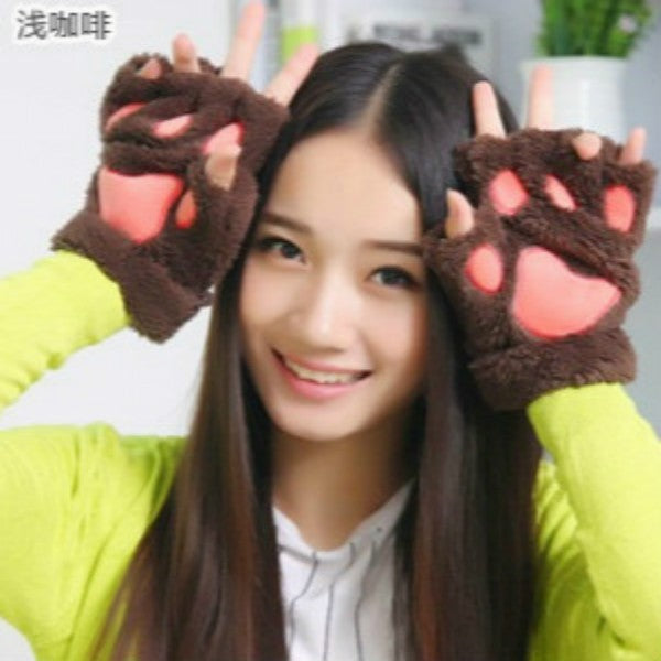 Ladies Winter Fingerless Bear Paw Gloves