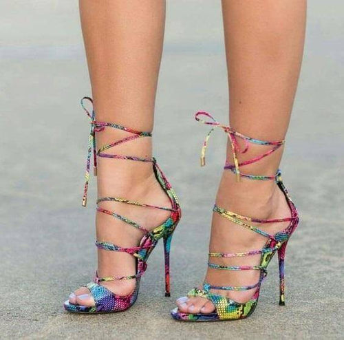 Colorized Snakeskin Cross Strappy Women Shoes - Image 0