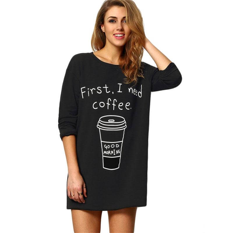 Long Sleeve Coffee Print Long T-shirt - MaviGadget