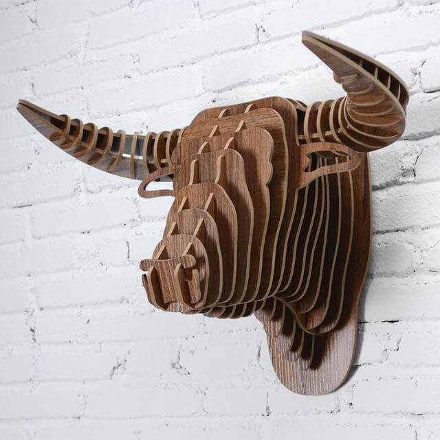 3D Wood Bull Heads Home Decoration