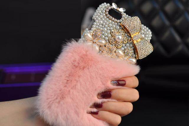 Crystal Diamond Bowknot Pearl Flower Rabbit Fur Iphone Case - Image 3