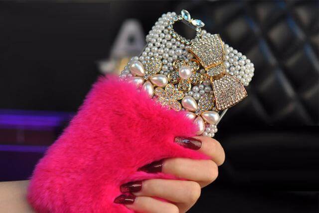 Crystal Diamond Bowknot Pearl Flower Rabbit Fur Iphone Case - Image 4