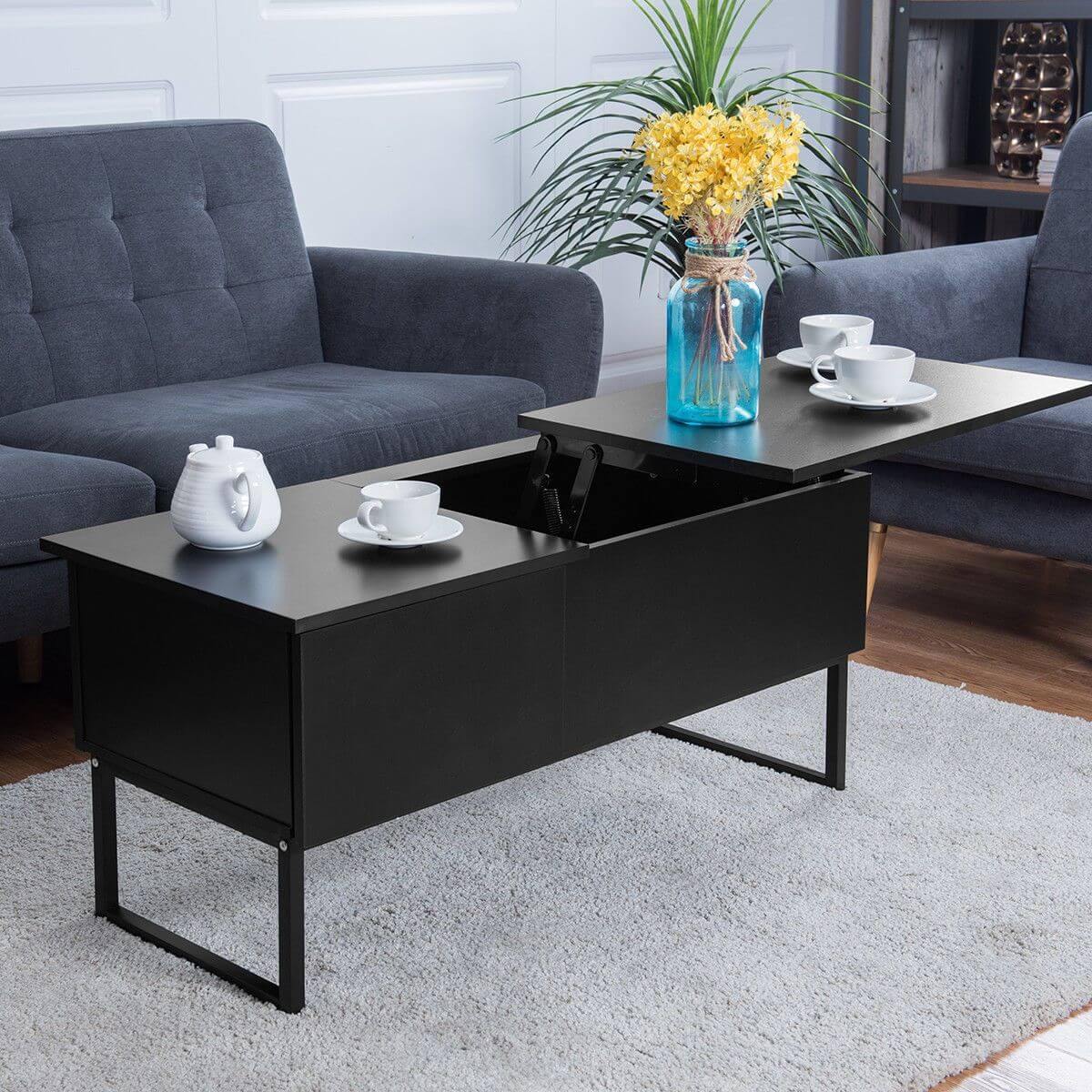 Black Modern Wood Hidden Storage Lift Top Table - MaviGadget