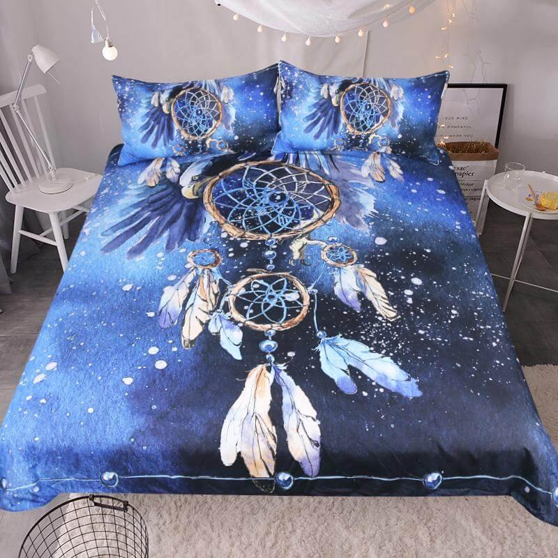 3PCS Dreamcatcher Feather Blue Printed Duvet Cover Bedding Set - Image 1