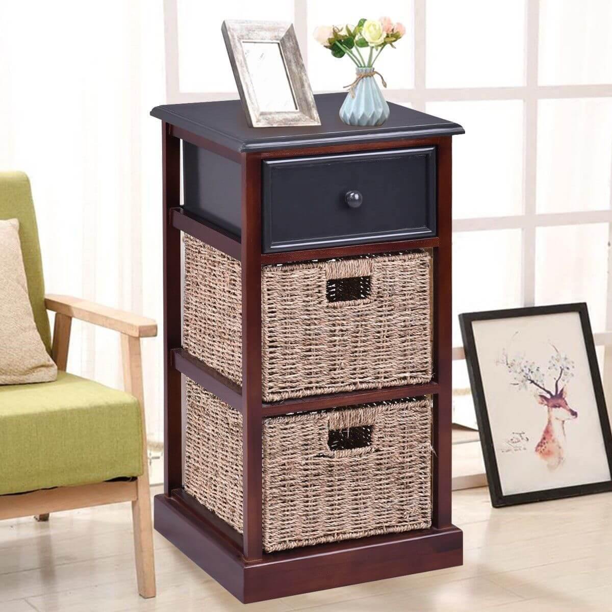 3 Tiers Wooden Nightstand with 1 Drawer 2 Baskets