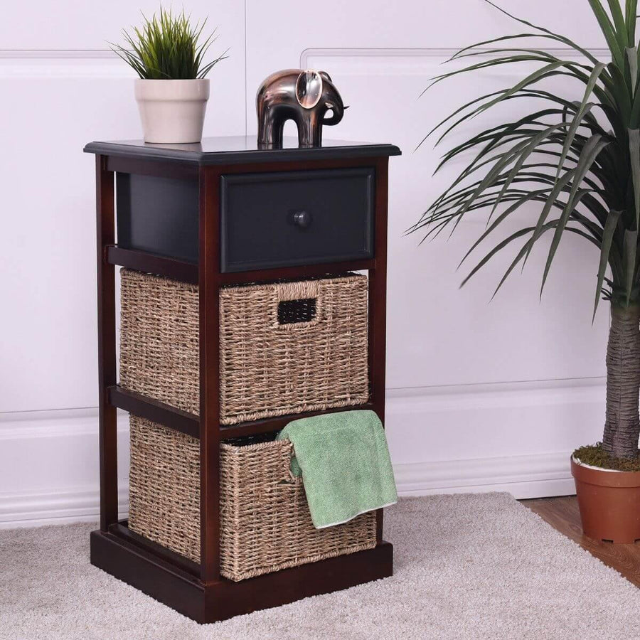 3 Tiers Wooden Nightstand with 1 Drawer 2 Baskets - Image 2