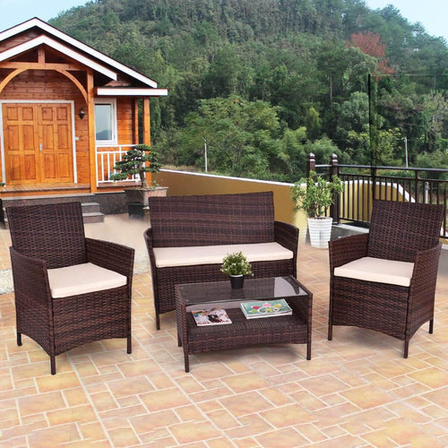 4PCS Outdoor Patio PE Rattan Wicker Coffee Table Shelf Modern Garden Sofa Furniture Set With Cushion - Image 0
