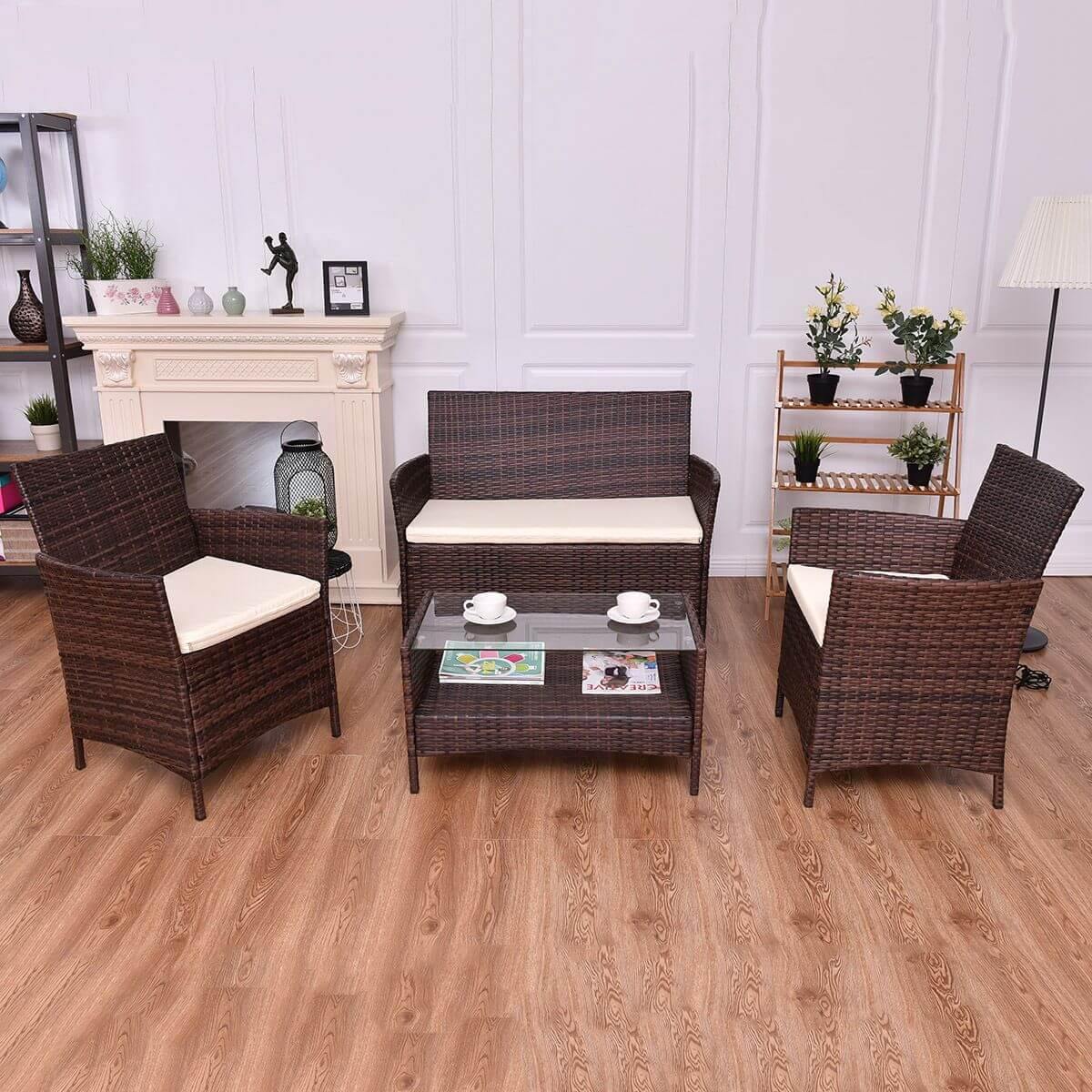 4PCS Outdoor Patio PE Rattan Wicker Coffee Table Shelf Modern Garden Sofa Furniture Set With Cushion - MaviGadget