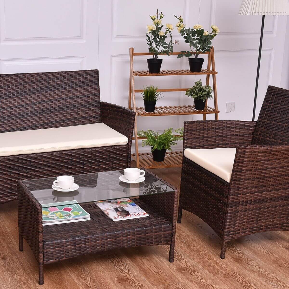 4PCS Outdoor Patio PE Rattan Wicker Coffee Table Shelf Modern Garden Sofa Furniture Set With Cushion