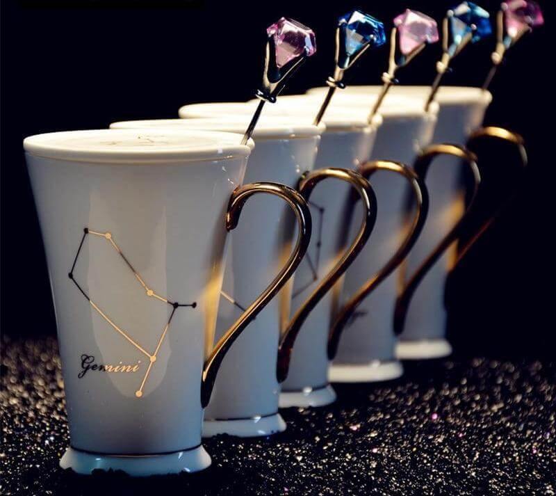 White And Gold Ceramic Coffee mugs with Zodiac Signs - Image 2