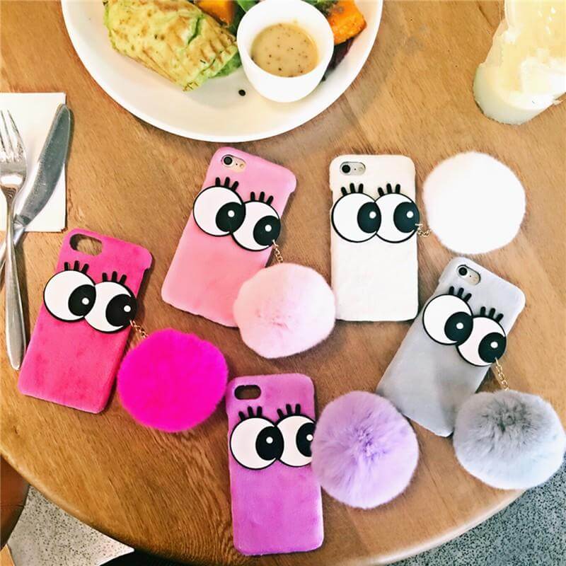 3D NBling Big Eyes With Real Soft Fur Ball Iphone Cases - Image 0