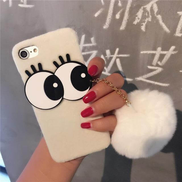 3D NBling Big Eyes With Real Soft Fur Ball Iphone Cases