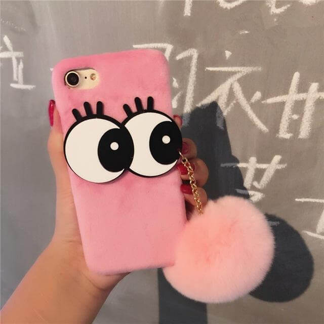 3D NBling Big Eyes With Real Soft Fur Ball Iphone Cases