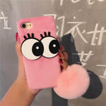 3D NBling Big Eyes With Real Soft Fur Ball Iphone Cases