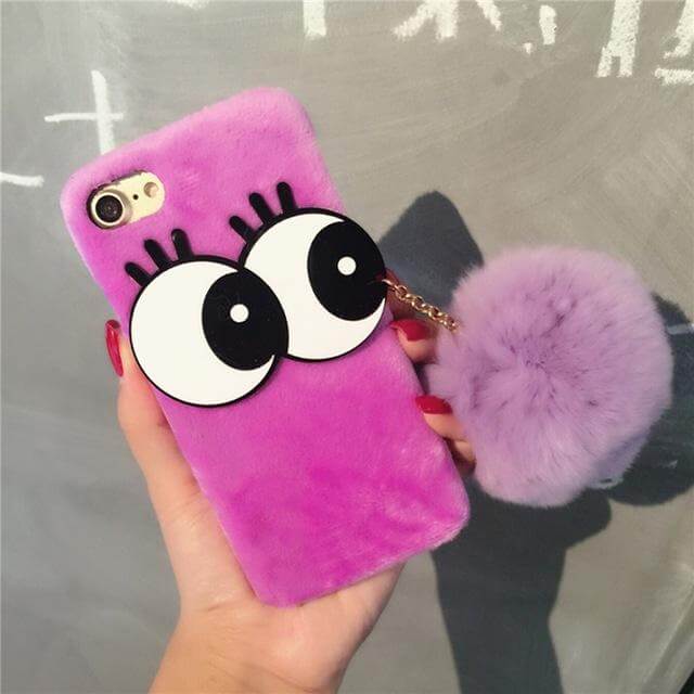 3D NBling Big Eyes With Real Soft Fur Ball Iphone Cases - Image 4