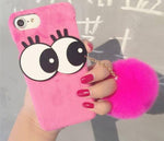 3D NBling Big Eyes With Real Soft Fur Ball Iphone Cases