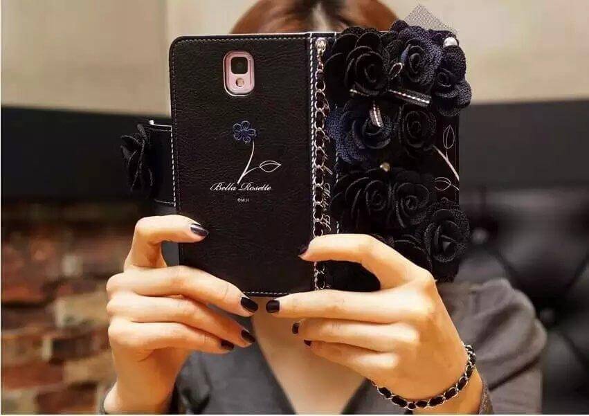 Black Rose Flip Wallet Leather Case For iPhone Models