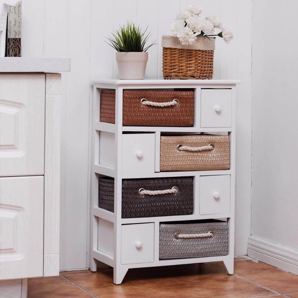 Wooden 4 Drawer 4 Woven Basket Storage Cabinet - MaviGadget