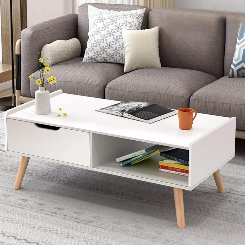 Modern White Solid Wood Coffee Table with Storage - MaviGadget