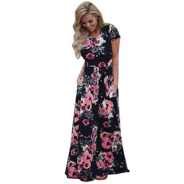 Women Bohemia Short Sleeve O Neck Floral Summer Dress - Image 17