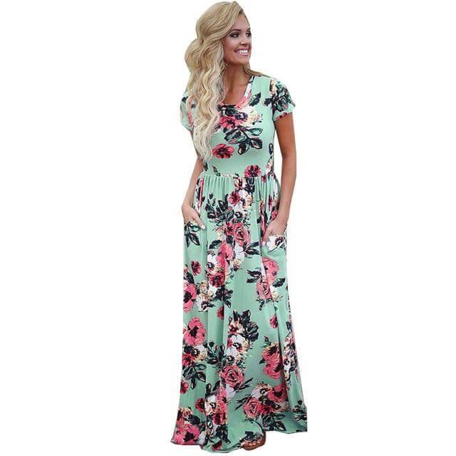 Women Bohemia Short Sleeve O Neck Floral Summer Dress - Image 1