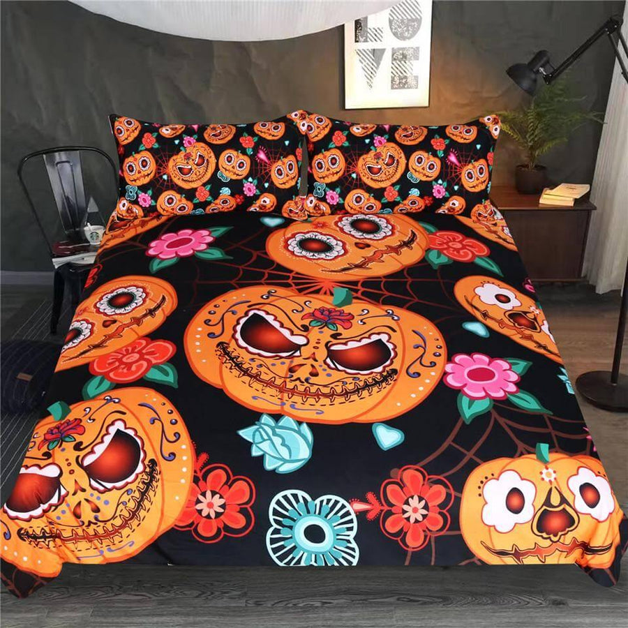 Halloween Pumpkin Flowers Duvet Cover Bedding Set - Image 0