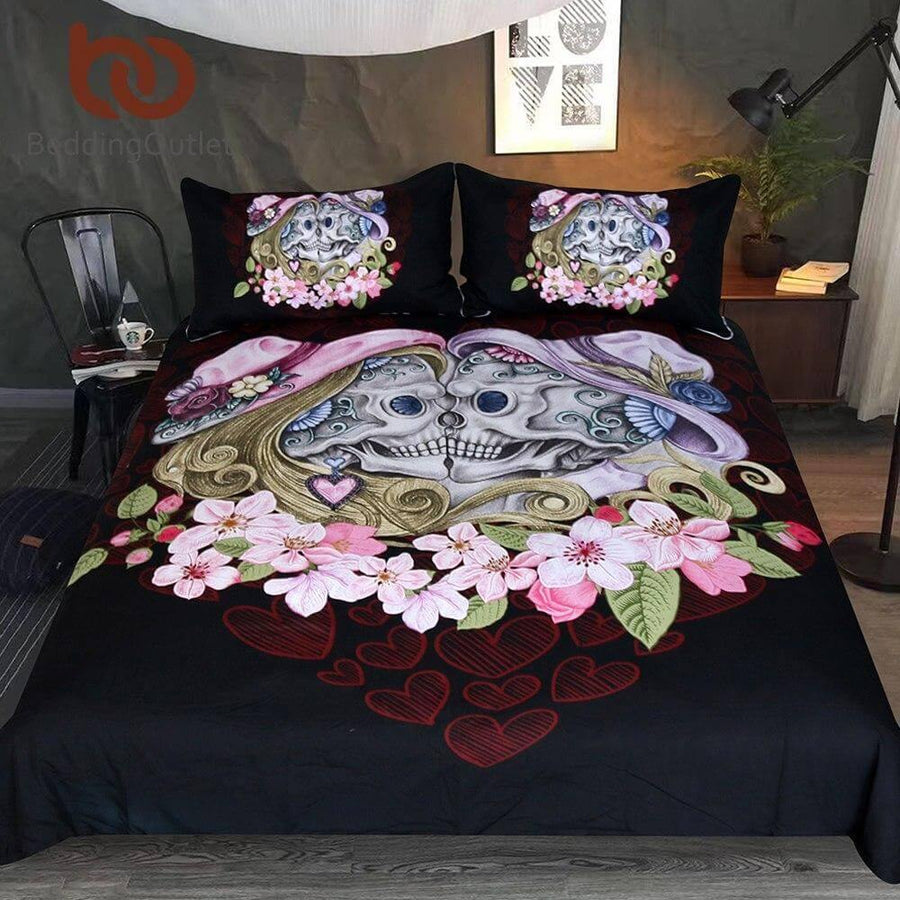 3pcs Gothic Couple Skull Pink Comfortable Duvet Cover Bedding set - Image 0