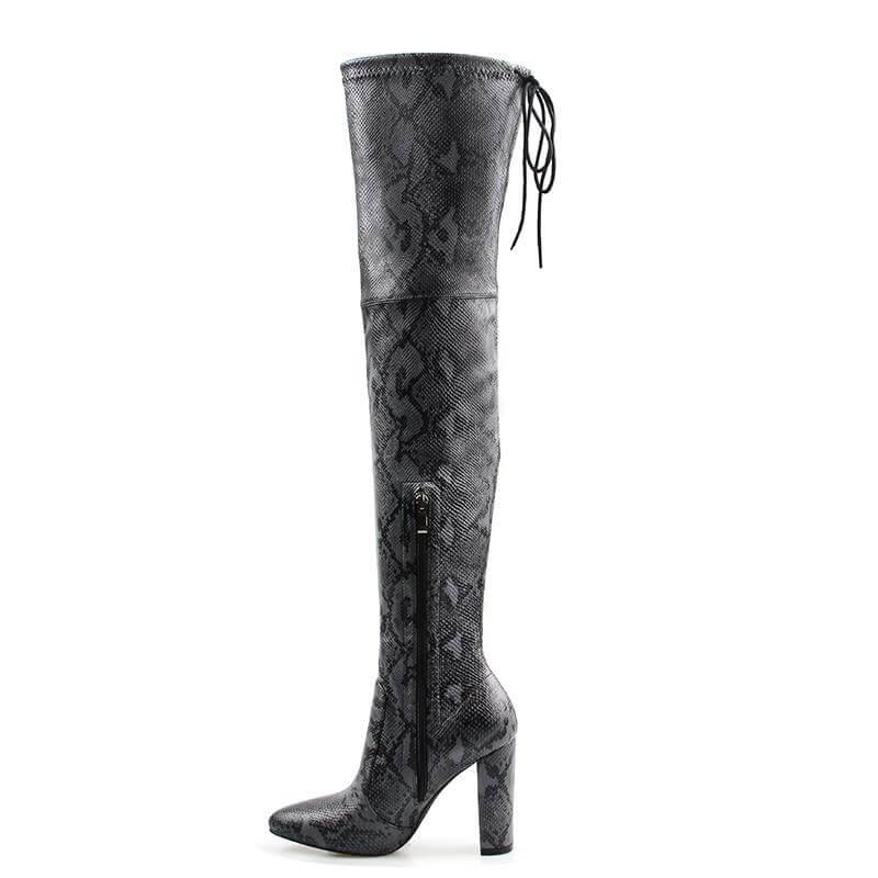 Super Thin Long Over the Knee Snake Skin Women High Heels - Image 1
