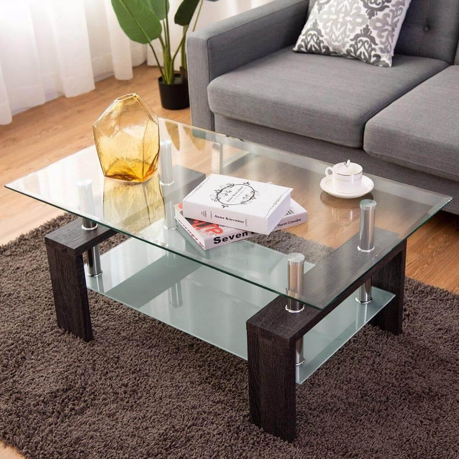 Rectangular Tempered Glass Coffee Table with Storage - Image 2