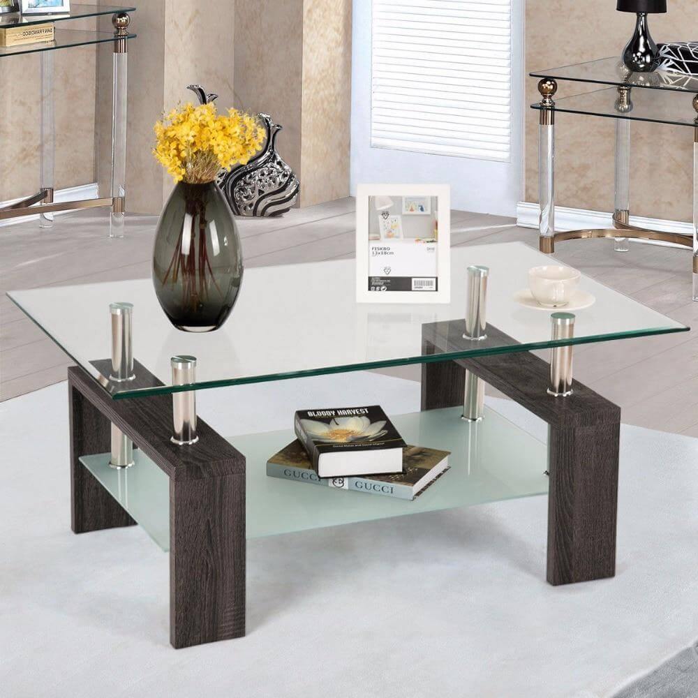 Rectangular Tempered Glass Coffee Table with Storage