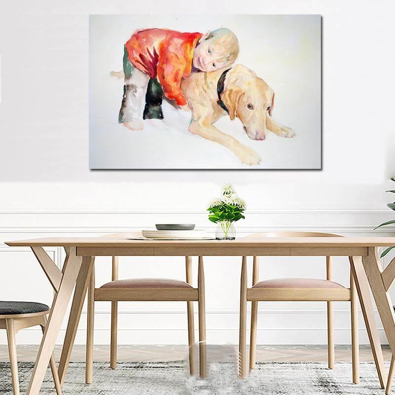 Boy and Dog Beautiful Wall Art Canvas Painting - MaviGadget