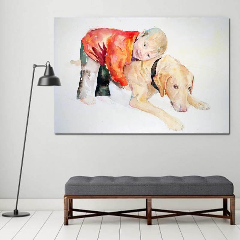 Boy and Dog Beautiful Wall Art Canvas Painting - Image 1