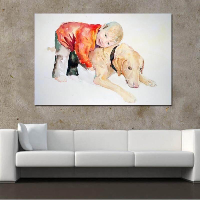 Boy and Dog Beautiful Wall Art Canvas Painting