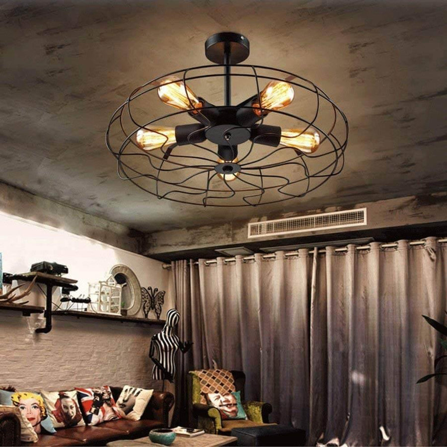 Retro 5-Light Fixture Vintage Industrial Fan Semi Flush Ceiling Pendant Lights - Image 0