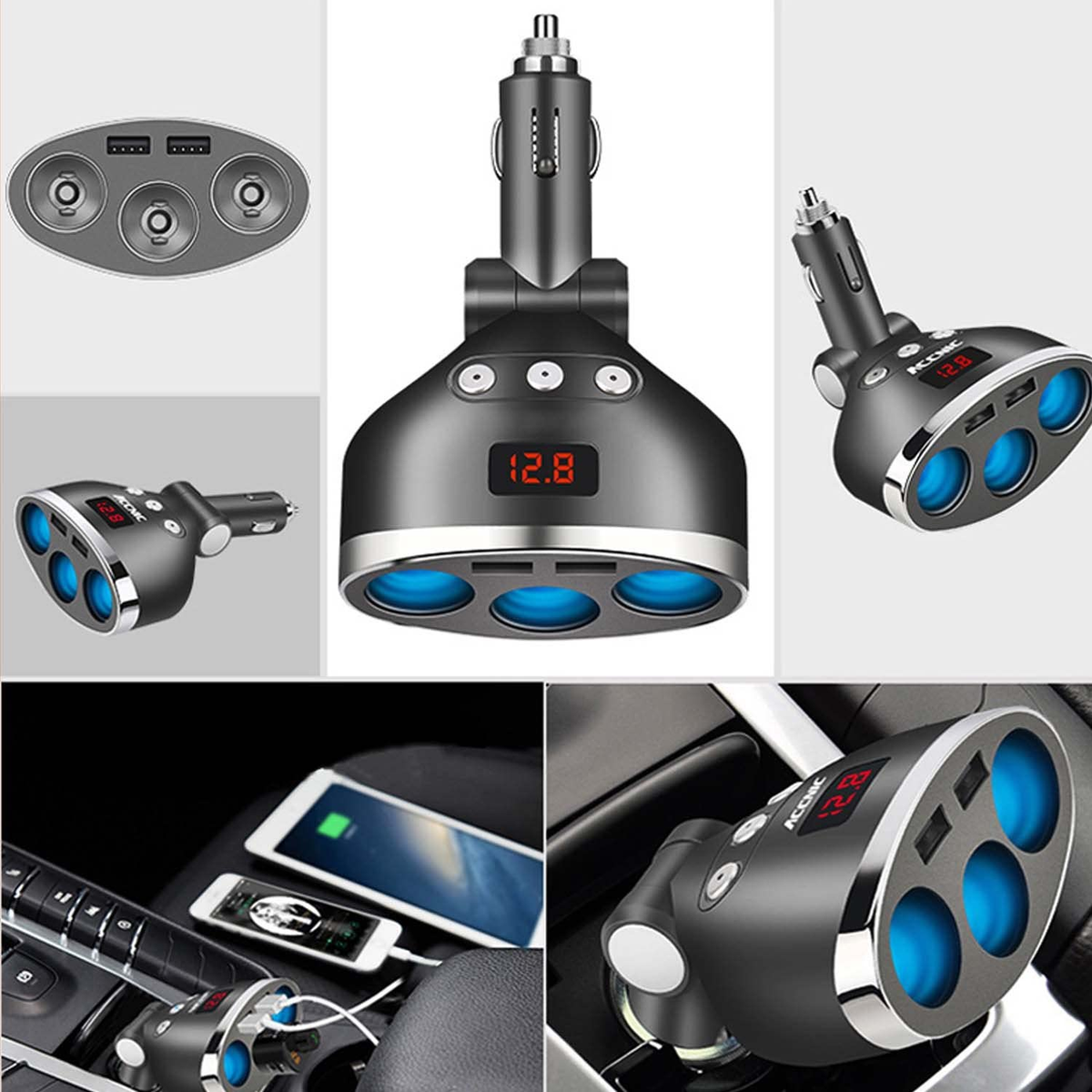 3in1 Dual USB Port Car Lighter Socket Splitter