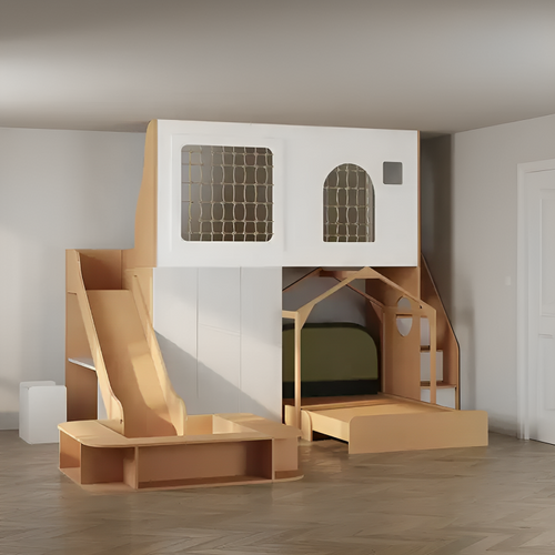 Playtime Loft Dual-Level Wooden Playground Slide Bed Set - Image 0