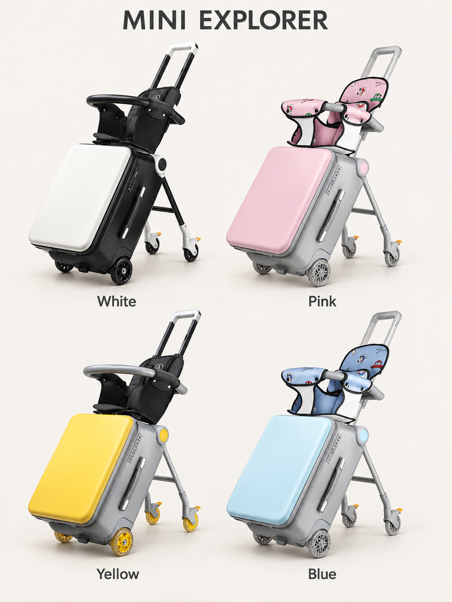 Mini Explorer suitcase comparison in White, Pink, Yellow and Blue with matching seat upholstery