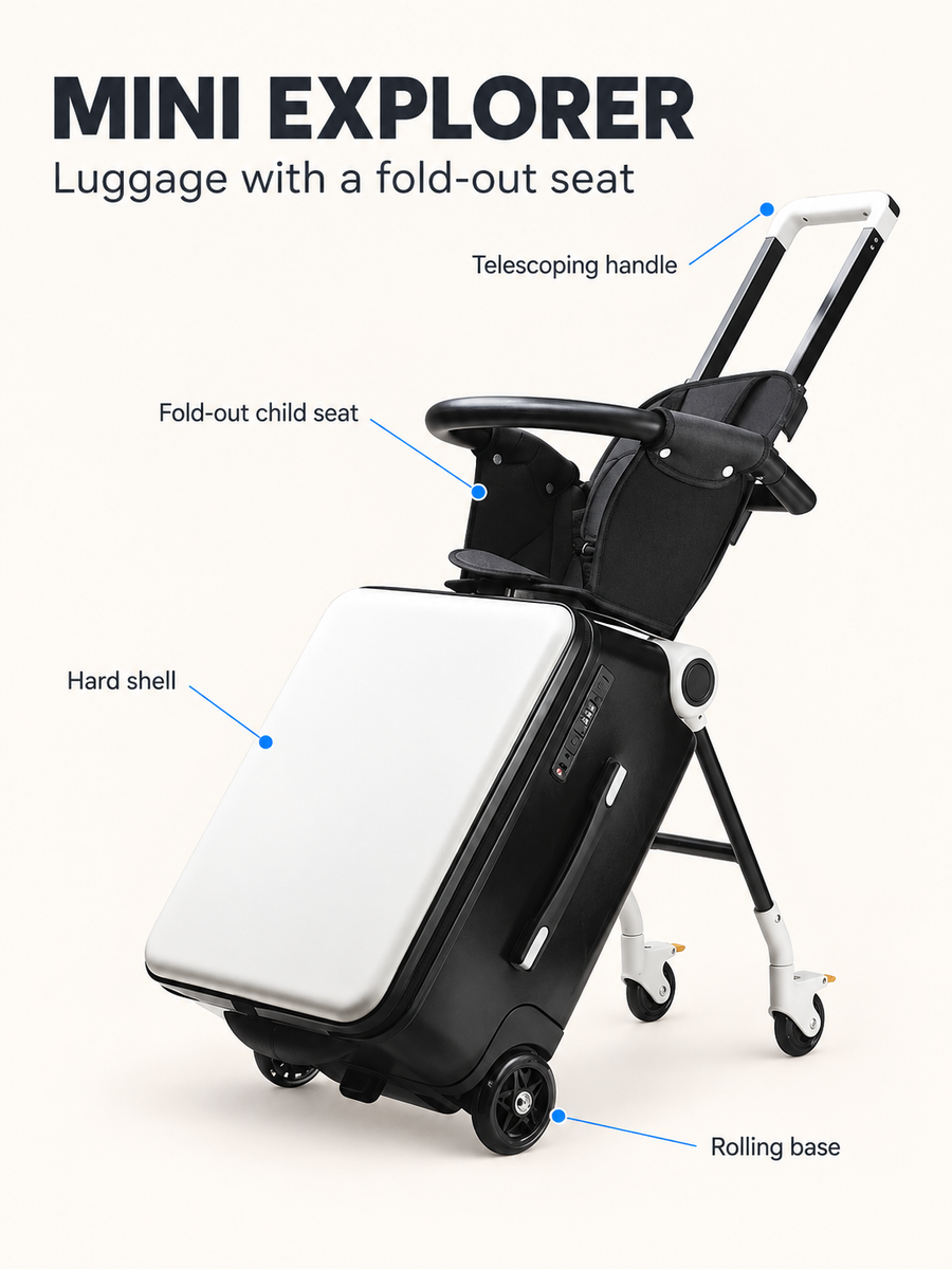 Mini Explorer features: telescoping handle, fold-out child seat, hard shell and rolling base