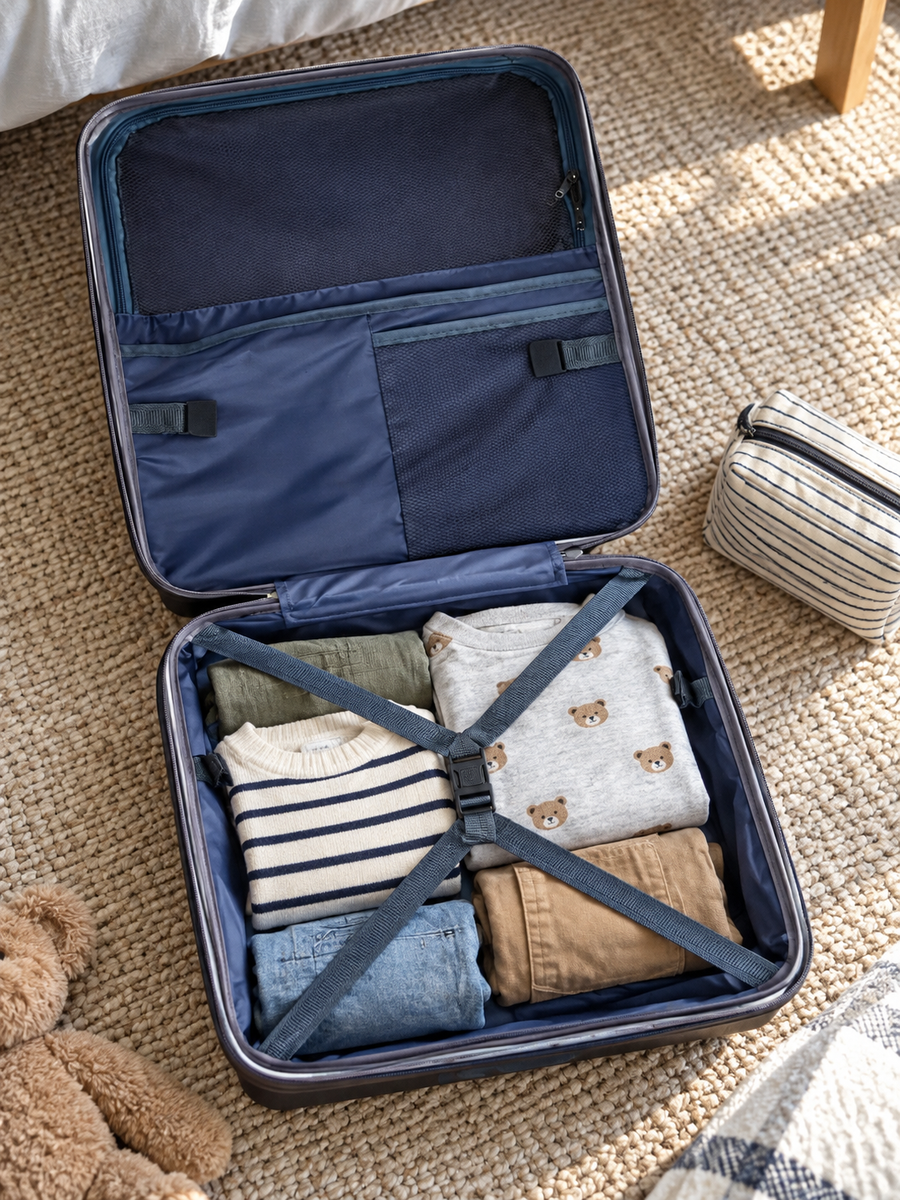 Mini Explorer suitcase open to show packing straps, zippered divider and mesh storage