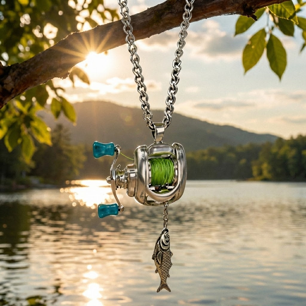 Mini Fishing Reel Spinner Necklace - Image 1