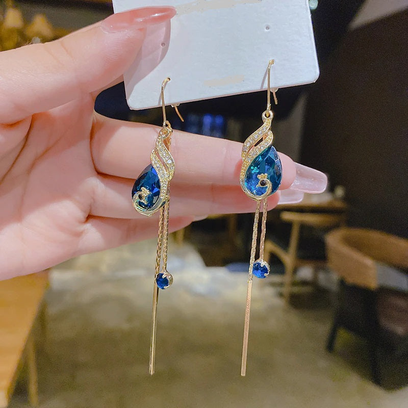 Korean Style Blue Crystal Phoenix Earrings - Image 3