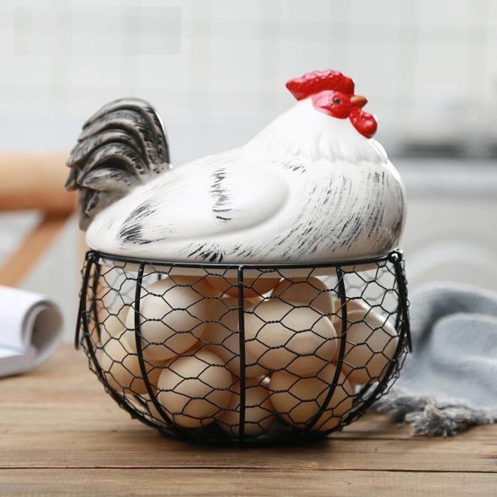 Ceramic Egg Holder Chicken with Wire Basket - MaviGadget