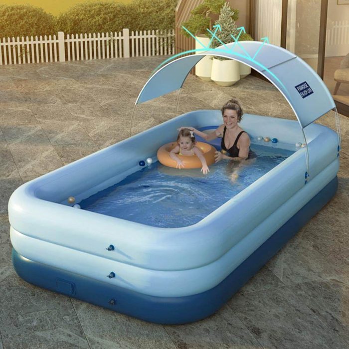 Rectangle Swimming Pool Self Inflatable with Sunshade - MaviGadget