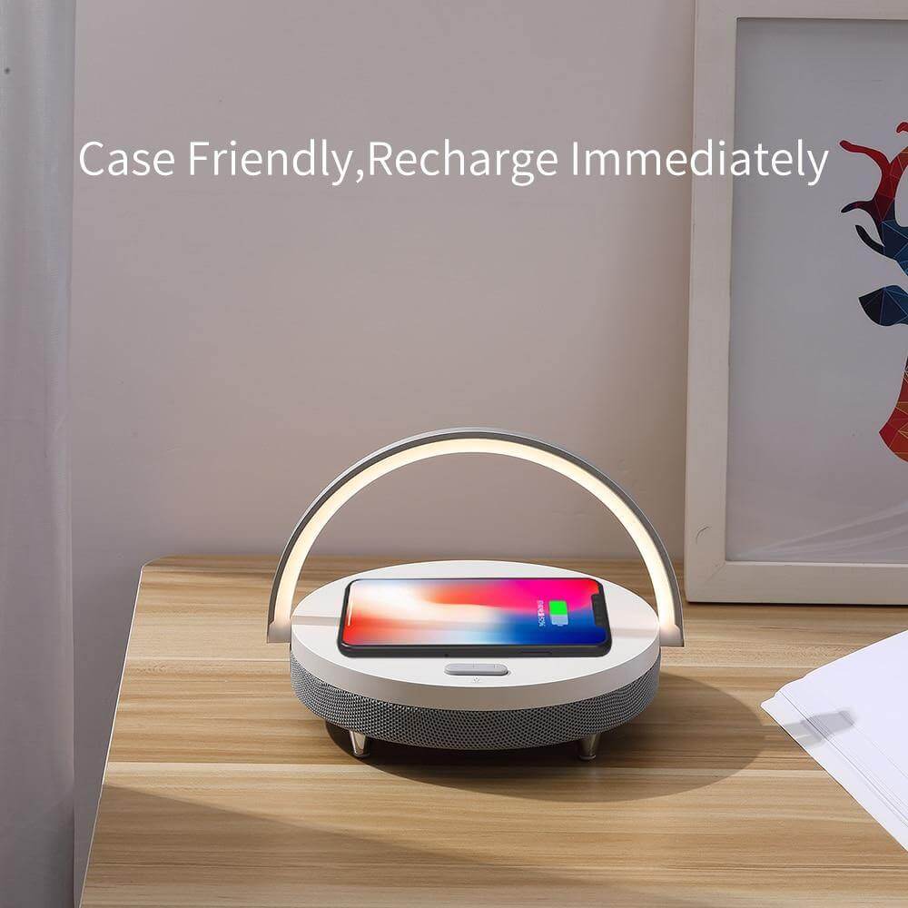 Wooden Base Wireless Charger Speaker Table Lamp - MaviGadget