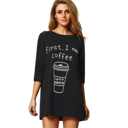 Long Sleeve Coffee Print Long T-shirt - MaviGadget